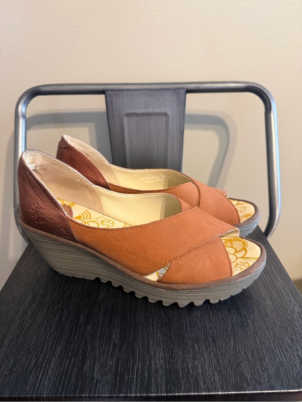 Fly London Leather Peep Toe Wedge Sandals Brown EU 39 US 8.5